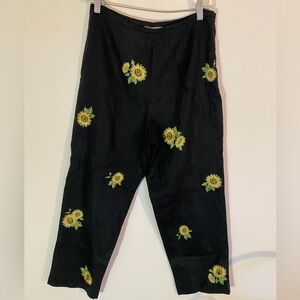 SLB vintage black linen embroidered sunflower high waisted pants